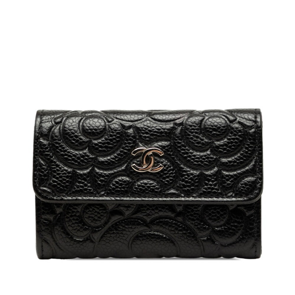 Chanel Coco Mark Camellia Business Card Holder/Card Case, Black Caviar Leathe...